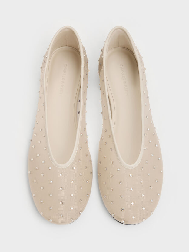 Mesh Crystal Ballet Flats, Beige, hi-res
