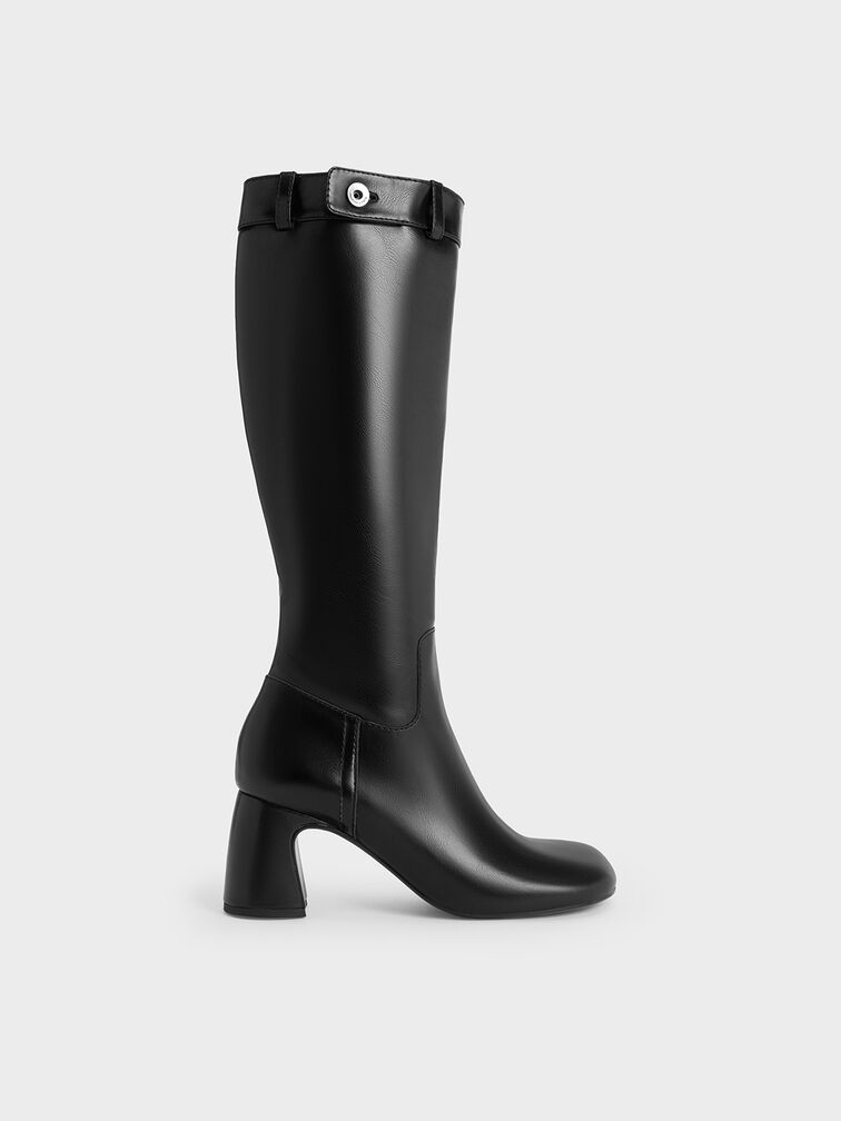 Block-Heel Knee-High Biker Boots, Black, hi-res