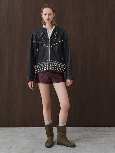 Brett Faux Suede Buckle-Strap Calf Boots, Dark Brown Textured, hi-res