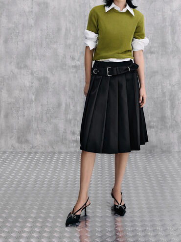 Recycled Polyester Crystal-Bow Kitten-Heel Slingback Pumps, Black Textured, hi-res