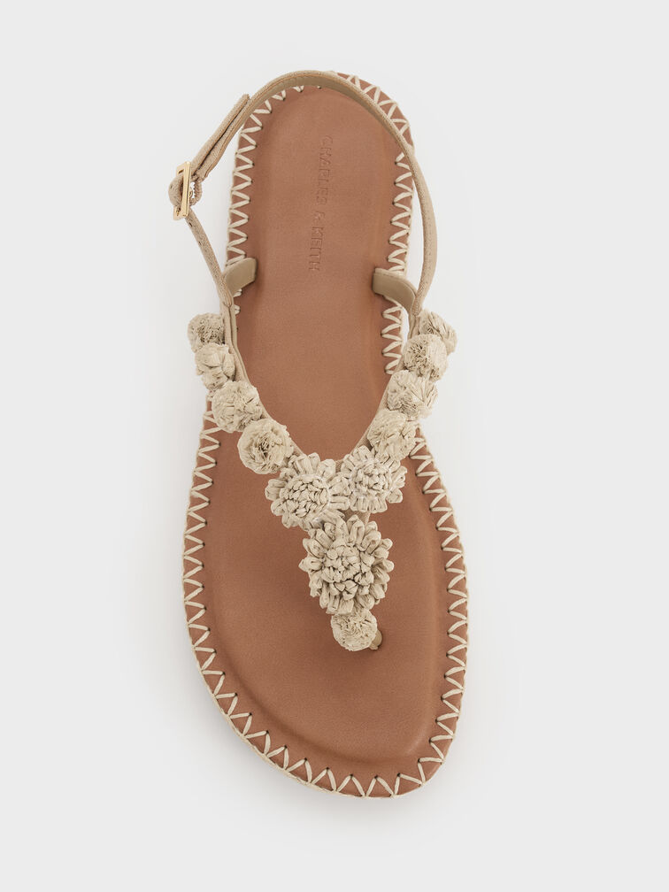 Faux Suede Flower Espadrille Thong Sandals, Sand, hi-res