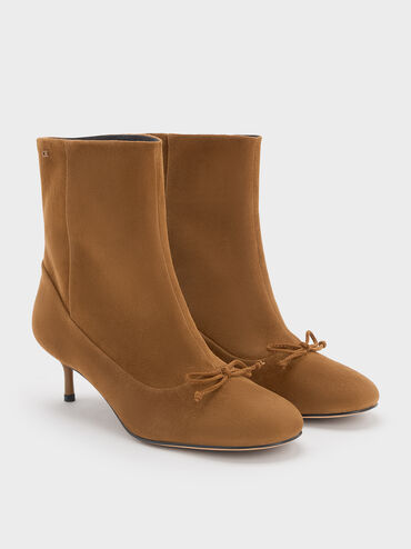 Aretha Suede Bow Kitten-Heel Calf Boots, Brown, hi-res