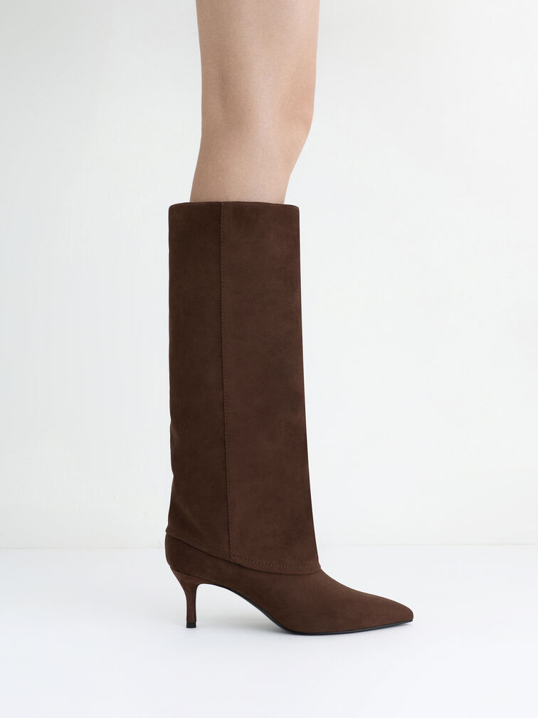 Faux Suede Pointed-Toe Stiletto-Heel Knee-High Boots, Dark Brown Textured, hi-res