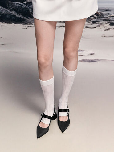 Satin Crystal-Buckle Block-Heel Slingback Pumps, Black Textured, hi-res