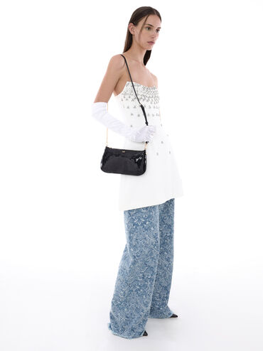 Sequin Mesh & Leather Shoulder Bag, Black, hi-res