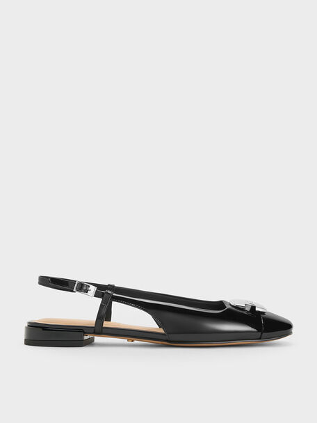 Patent Leather Metallic-Accent Slingback Flats, Black Patent, hi-res