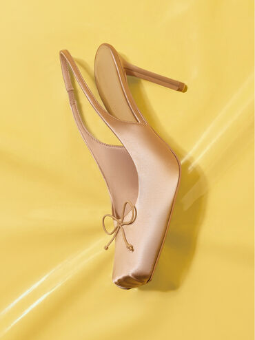 Satin Ruched Stiletto Slingback Pumps, Nude, hi-res