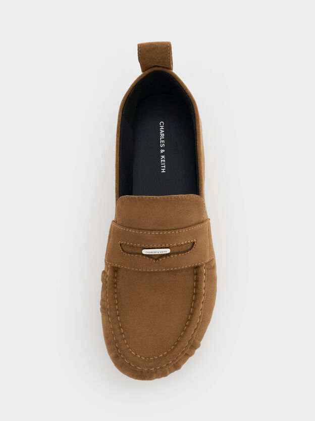 Faux Suede Ruched Penny Loafers, Cognac, hi-res