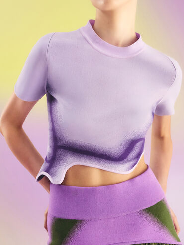 Recycled Polyester Knitted Gradient Wave-Hem Crop Top, Lilac, hi-res