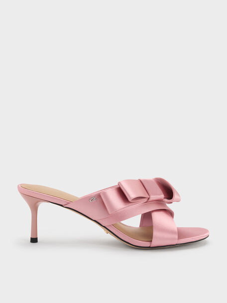 Pleated-Bow Heeled Mules, Pink, hi-res