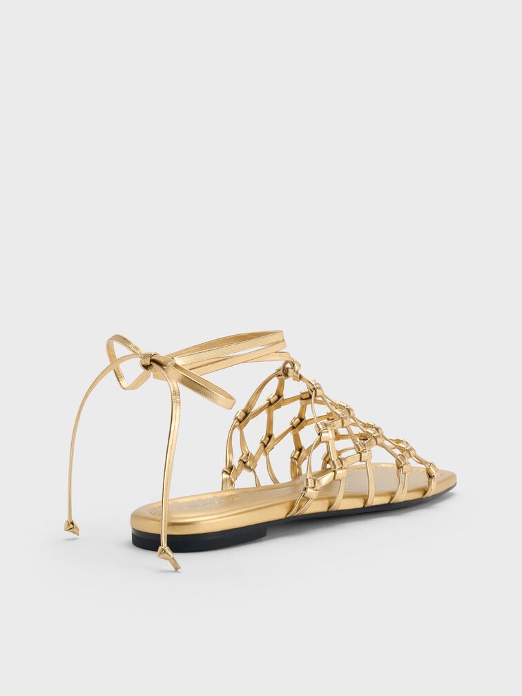 Woven Tie-Around Net Sandals, Gold, hi-res