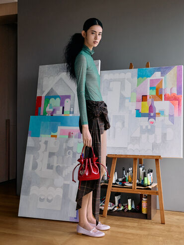 Sammie Horse-Motif Drawstring Bucket Bag, Tomato Red, hi-res