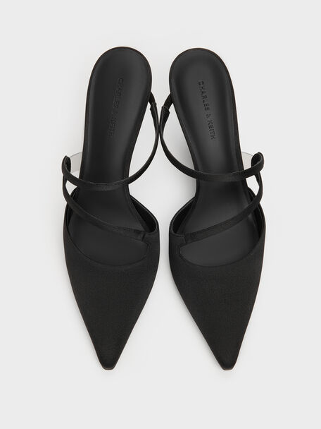 Arden Satin Pointed Wavy Heeled Mules, Black Textured, hi-res