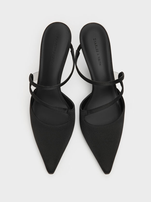 Arden Satin Pointed Wavy Heeled Mules, Black Textured, hi-res