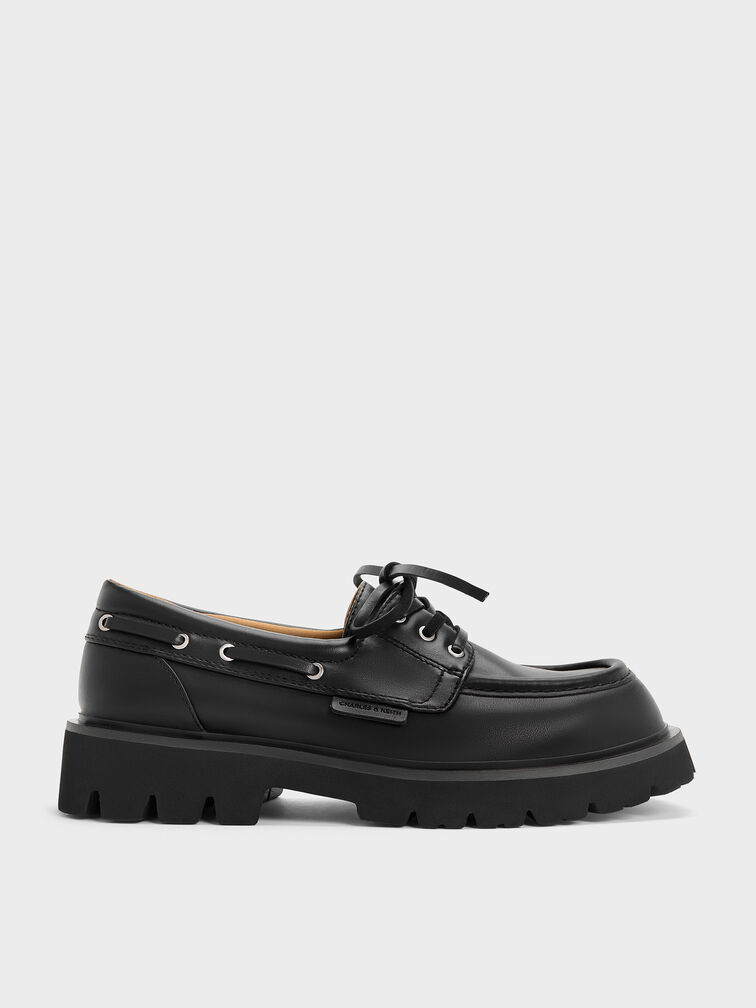 Ridged-Sole Boat Shoes, Black, hi-res