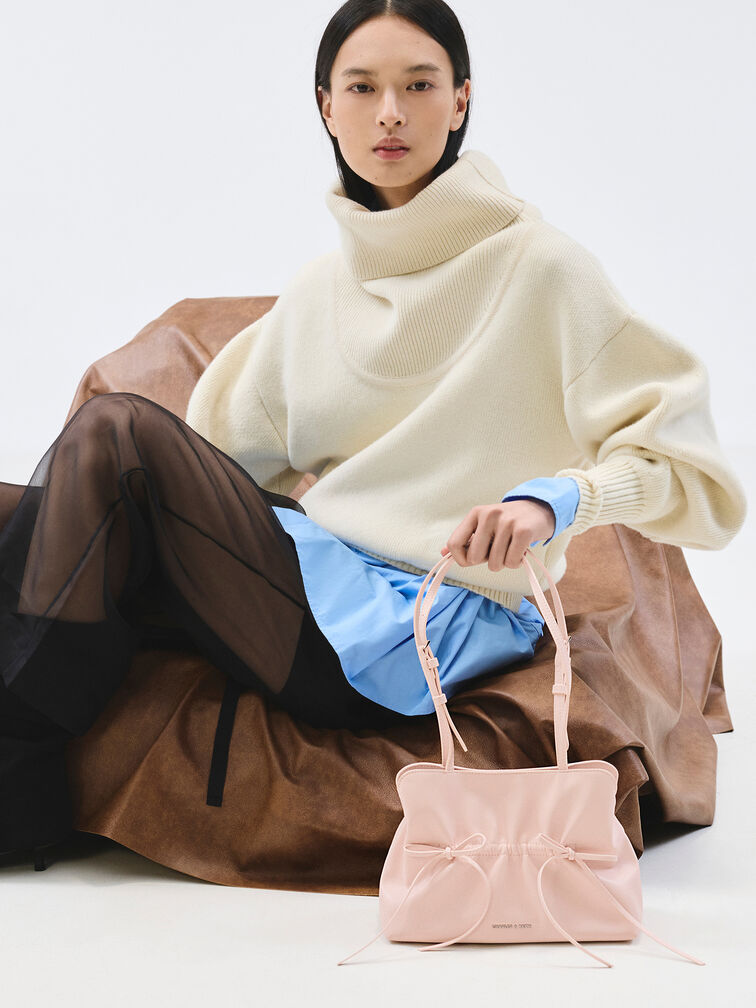 Reese Ruched Bow Shoulder Bag, Soft Pink, hi-res
