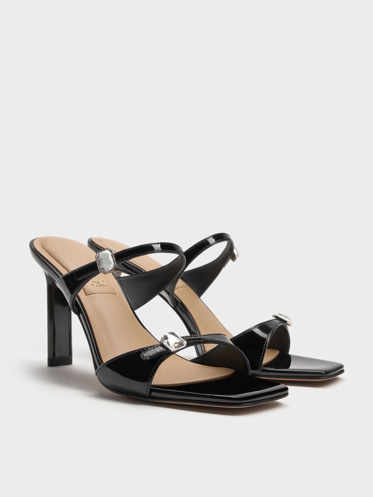Patent Leather Gem-Buckle Double-Strap Heeled Sandals, Black Patent, hi-res