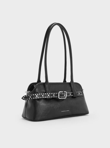 Victoria Studded Belted Elongated Shoulder Bag, Noir, hi-res