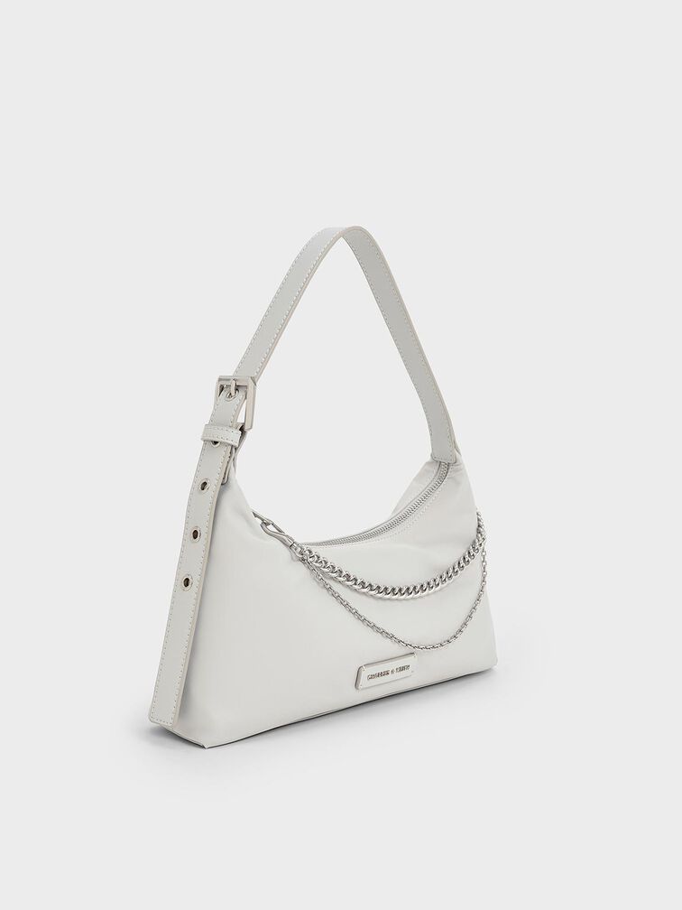Nylon Chain-Link Trapeze Shoulder Bag, Light Grey, hi-res