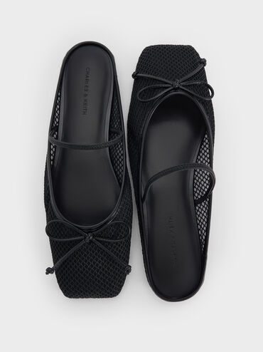 Mesh Bow Square-Toe Ballet Mules, Black Textured, hi-res