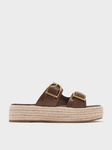 Double-Strap Espadrille Flatform Sandals, Brown, hi-res