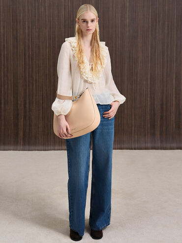 Agatha Chain-Accent Slouchy Hobo Bag, Beige, hi-res