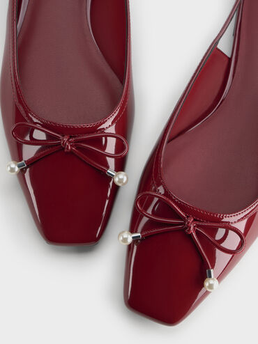 Barbara Patent Pearl-Embellished Bow Slingback Flats, Red, hi-res
