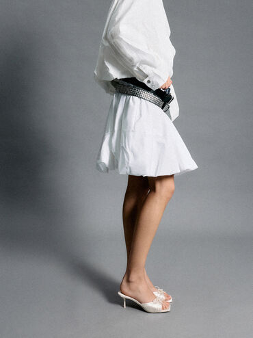 Sadira Satin Ruched Bow Heeled Mules, Chalk, hi-res