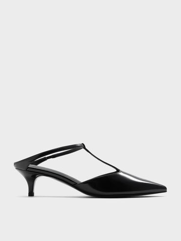 T-Bar Pointed-Toe Kitten-Heel Mules, Black Box, hi-res
