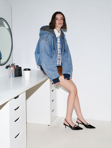 Helena Pearl-Buckle Slingback Kitten Heels, Black Box, hi-res