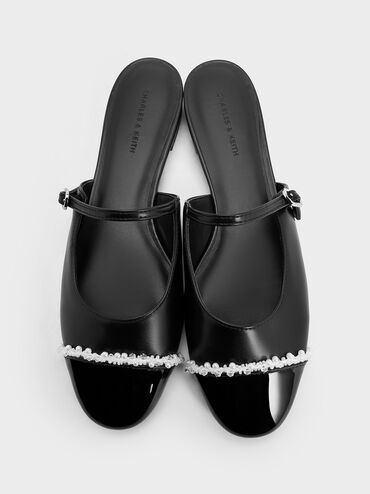 Pearl-Embellished Cap-Toe Flat Mules, Black, hi-res