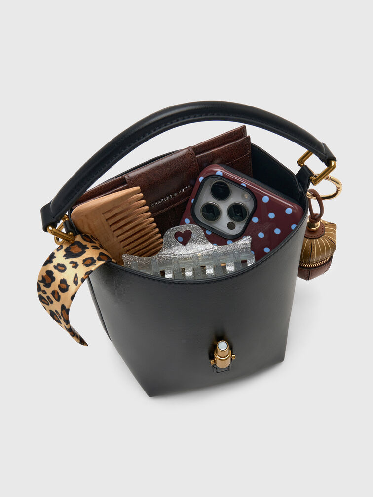 Cesia Metallic-Accent Bucket Bag, Black, hi-res