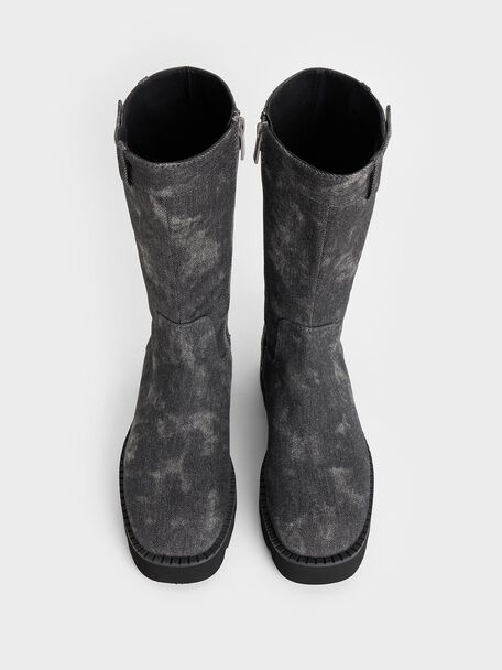 Denim Side-Zip Lug-Sole Calf Boots, Dark Grey, hi-res