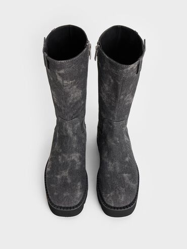 Denim Side-Zip Lug-Sole Calf Boots, Dark Grey, hi-res