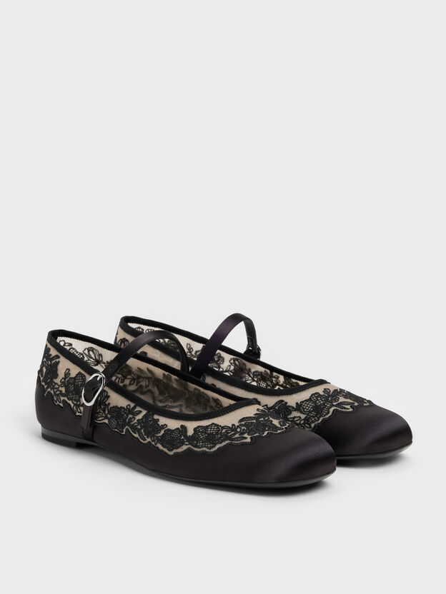 Satin Embroidered-Mesh Mary Jane Flats, Black Textured, hi-res