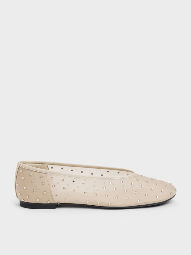 Mesh Crystal Ballet Flats, Beige, hi-res