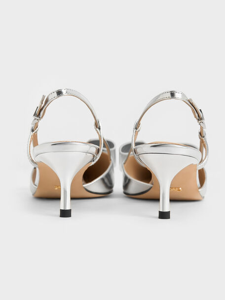 Lu Metallic Leather Bow Slingback Pumps, Silver, hi-res