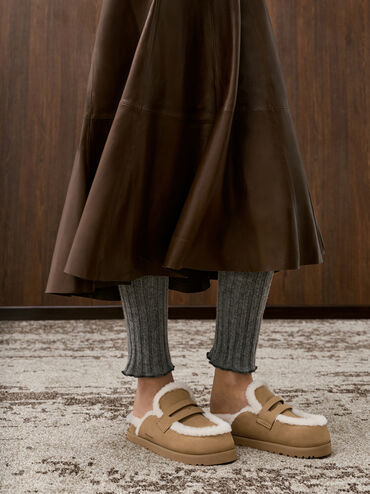 Recycled-Fur Flatform Mules, Sand, hi-res