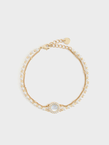 Pearl & Gemstone Double-Chain Bracelet, White, hi-res