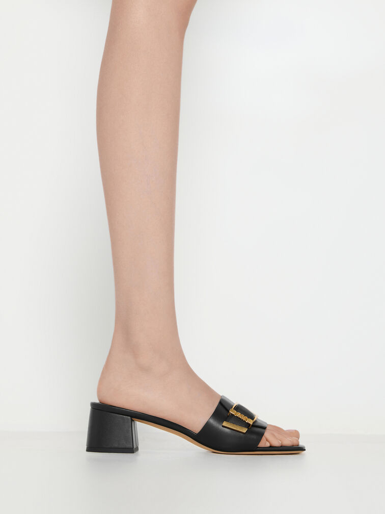 Whitney Leather Buckled Block-Heel Mules, Black, hi-res