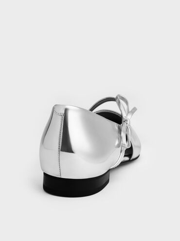 Metallic Pointed-Toe Bow-Strap Flats, Silver, hi-res