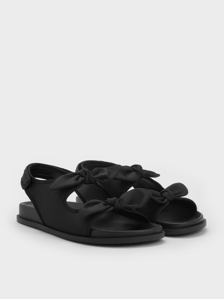 Silk Knot-Bow Double-Strap Slingback Sandals, Black Textured, hi-res