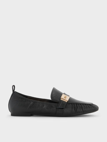 Cody Leather Metallic-Buckle Ruched Loafers, Black, hi-res