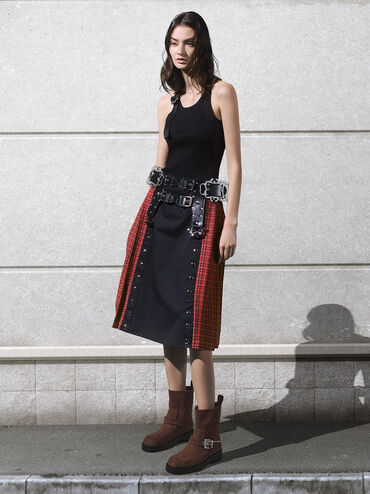 Faux Suede Buckle-Strap Biker Boots, Dark Brown, hi-res