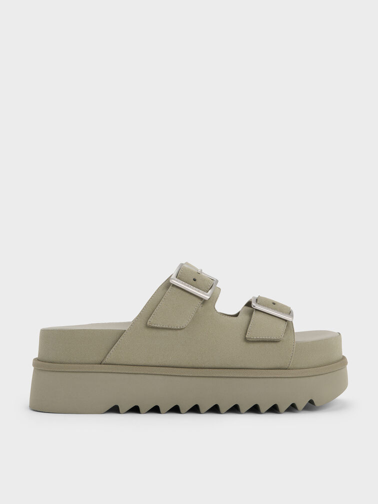 Buckled Double-Strap Flatform Sandals, Sage Green, hi-res