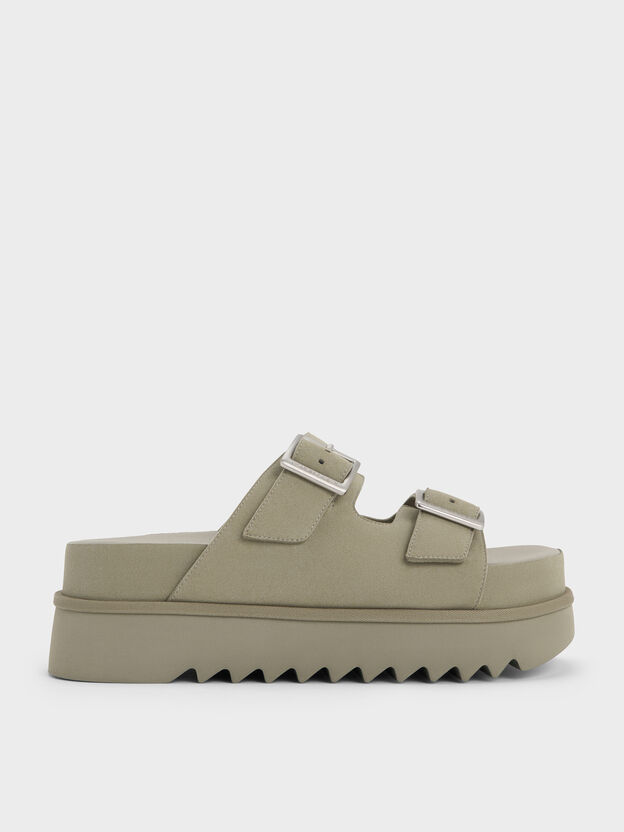 Buckled Double-Strap Flatform Sandals, Sage Green, hi-res