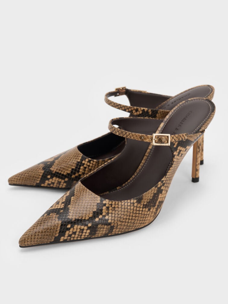 Snake-Print Buckle-Strap Stiletto-Heel Mules, Animal Print Natural, hi-res