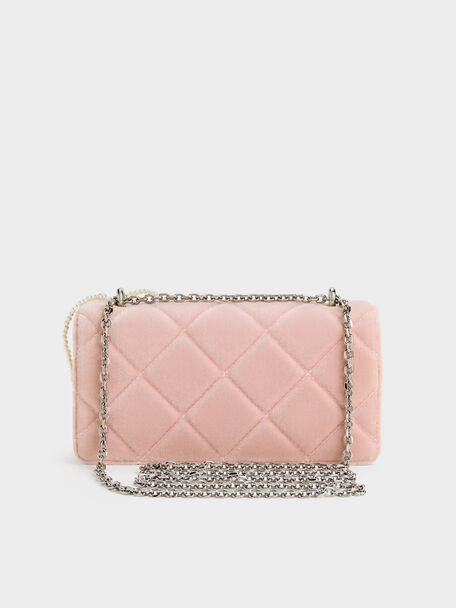 Paffuto Velvet Quilted Wallet On Chain, Pink, hi-res