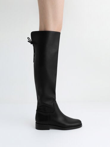 Fold-Over Back-Tie Thigh-High Boots, Black, hi-res