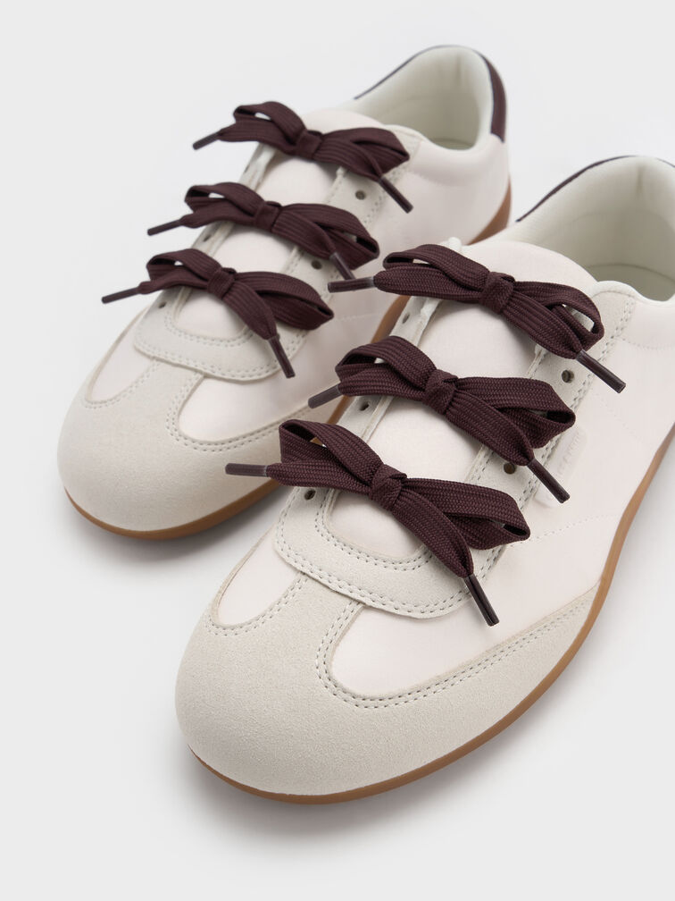 Satin Textured Contrast-Panel Triple-Bow Sneakers, Chalk, hi-res